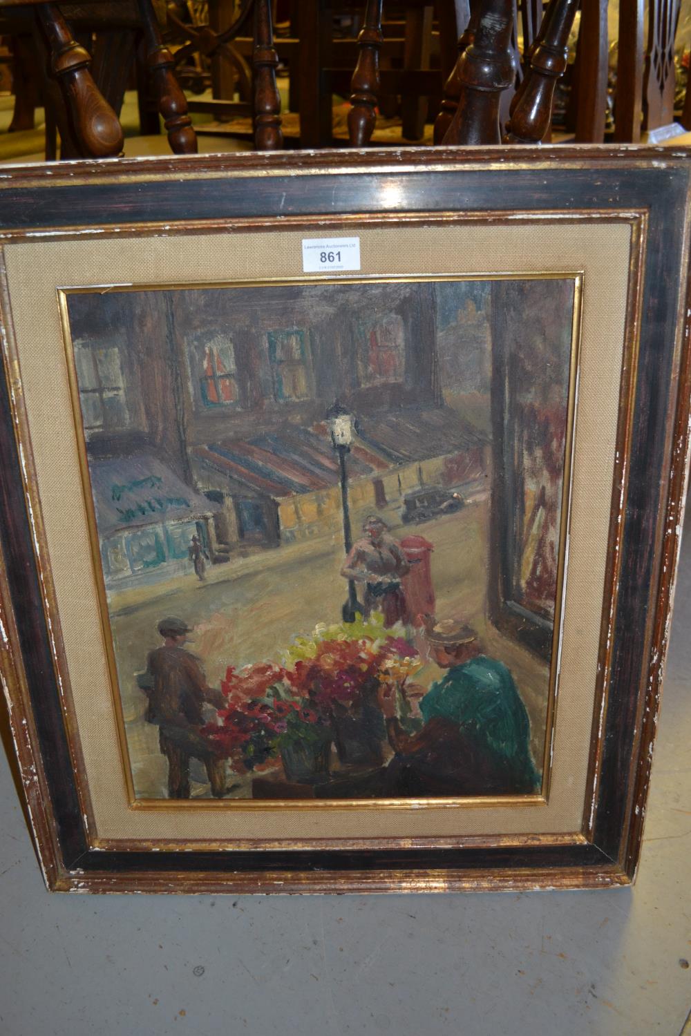 Mid 20th Century oil on board, street scene with figures and flower seller, inscribed verso ' Medley - Image 2 of 3