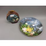 West Country pottery baluster form vase with painted floral decoration, similar moon flask and a