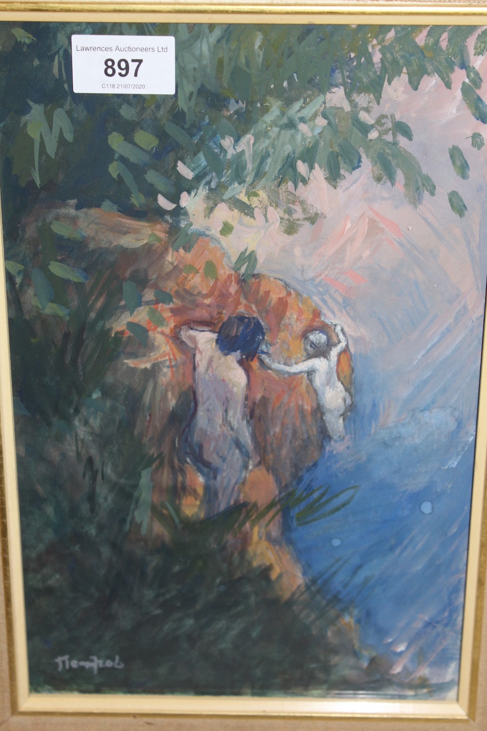 Russian school gouache painting, female bathers by a wooded lake, indistinctly signed, 11.5ins x 7.