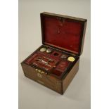 William IV rosewood and brass inlaid work box with a hinged cover enclosing red leather mounted part