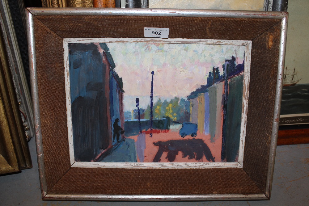 Oil sketch on card, figure in a street of terraced houses, inscribed verso ' H. Workman ', 8ins x - Image 2 of 2