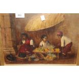 19th Century oil on canvas, study of fruit sellers, 10ins x 14ins, gilt framed