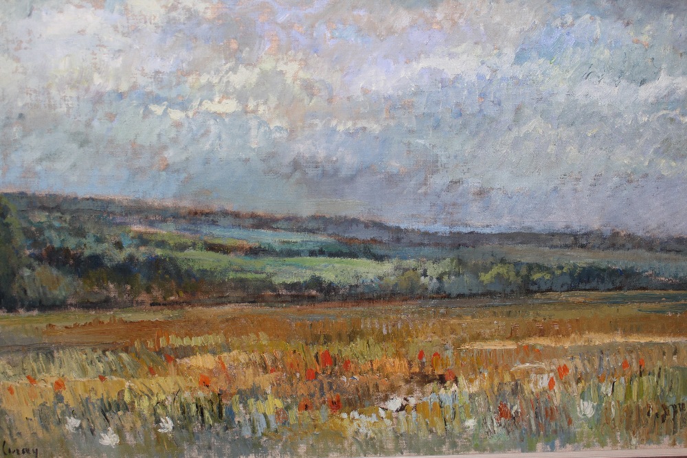 Mid 20th Century oil on canvas board, an extensive rural landscape with wild flowers to the