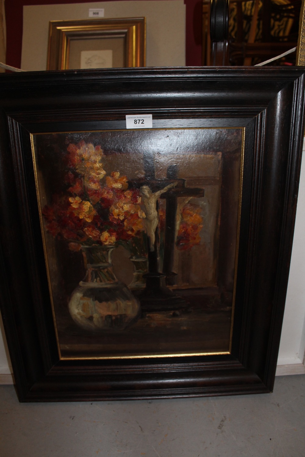 Early 20th Century oil on card, still life with wallflowers in a vase reflected in a mirror, - Image 2 of 2