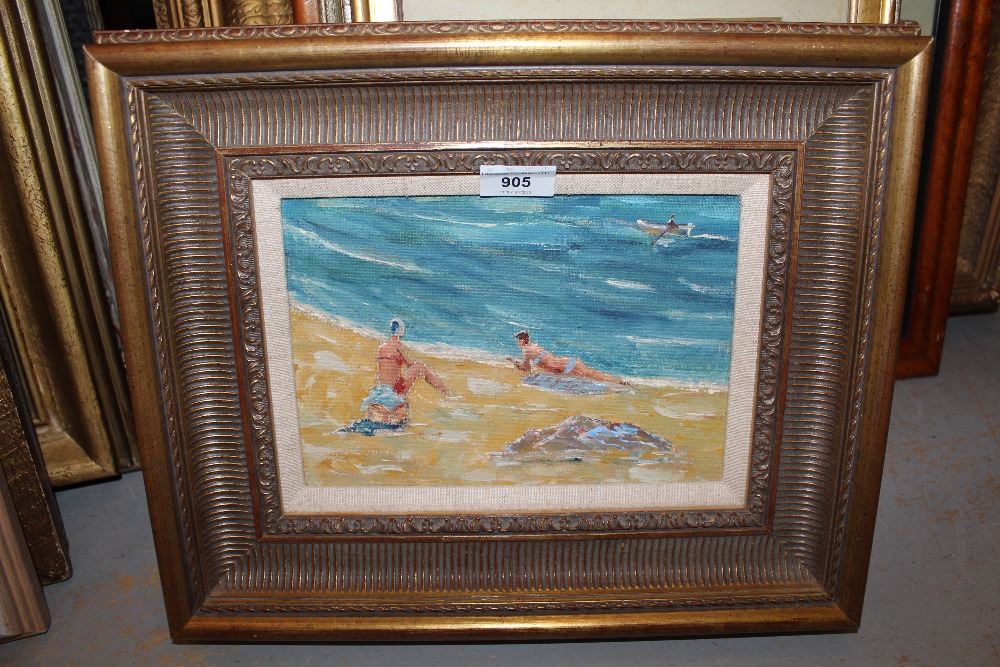 Russian school, oil on canvas laid on board, coastal view with two bathers on a beach, - Image 2 of 2