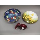 Carlton Ware blue lustre fruit bowl, a Royal Doulton flambe figure of an elephant (at fault) and a