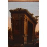 Follower of Piranese, oil on canvas, classical ruins by a river with four figures measuring and