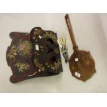 19th Century mahogany line and marquetry inlaid hand mirror, together with a papier mache wall