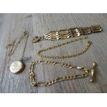 9ct Gold gate link bracelet, 9ct gold locket on chain and two modern 9ct gold bracelets 25g