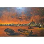 Mid 20th Century oil on board, Continental coastal scene with a town at sunset, moored boats to