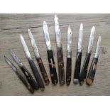 Collection of ten various 19th Century silver and tortoiseshell folding fruit knives