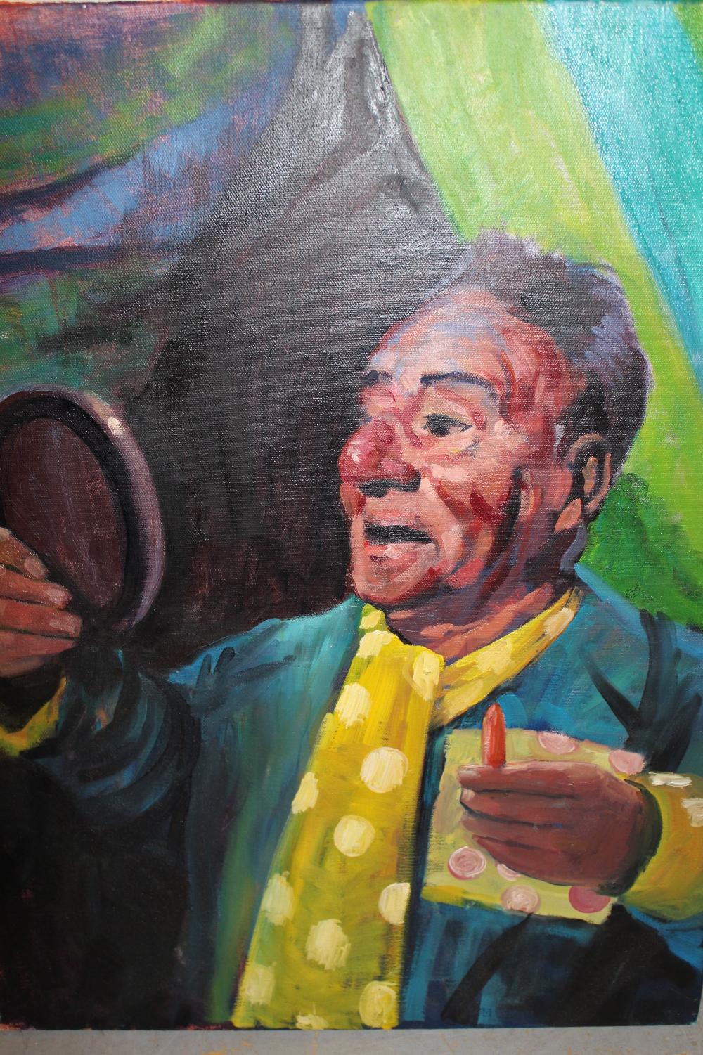 Unframed oil on canvas, portrait of a circus performer, inscribed verso ' Dressing ', 24ins x 18ins