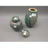 19th Century Japanese pottery oviform vase of cloisonne design together with a similar ginger jar