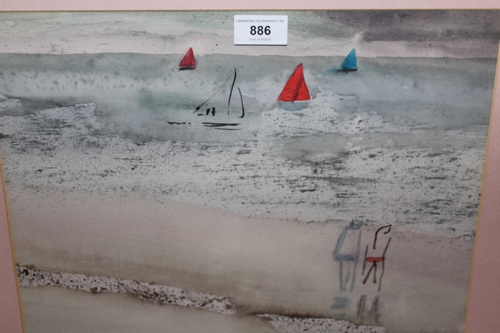 Mixed media painting on paper, coastal scene with boats and two figures on a beach, signed Howard