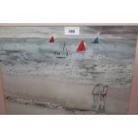 Mixed media painting on paper, coastal scene with boats and two figures on a beach, signed Howard