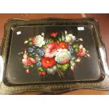 Russian floral decorated toleware tray together with a framed coloured print of a Naval engagement