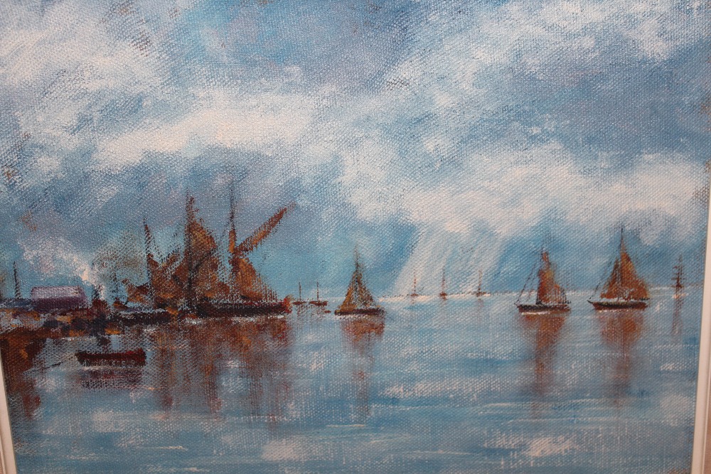 Oil on canvas laid on board, maritime scene with Thames barges and other boats in a estuary, 11.5ins