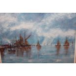 Oil on canvas laid on board, maritime scene with Thames barges and other boats in a estuary, 11.5ins