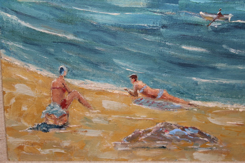 Russian school, oil on canvas laid on board, coastal view with two bathers on a beach,
