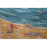 Russian school, oil on canvas laid on board, coastal view with two bathers on a beach,