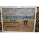 Oil on canvas laid on board, coastal landscape with two figures waiting on a beach, 11.5ins x 15.