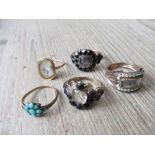 Four various 19th century memorial rings (damages), together with a 19th Century turqoise ring (at