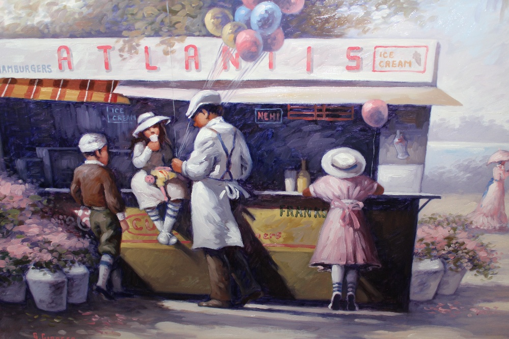 G. Girocco, 20th Century oil on canvas, figures at an ice cream stall, signed, 23ins x 35ins, gilt