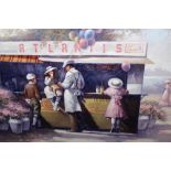 G. Girocco, 20th Century oil on canvas, figures at an ice cream stall, signed, 23ins x 35ins, gilt