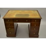 William Tillman, small good quality reproduction mahogany twin pedestal desk with a leather inset