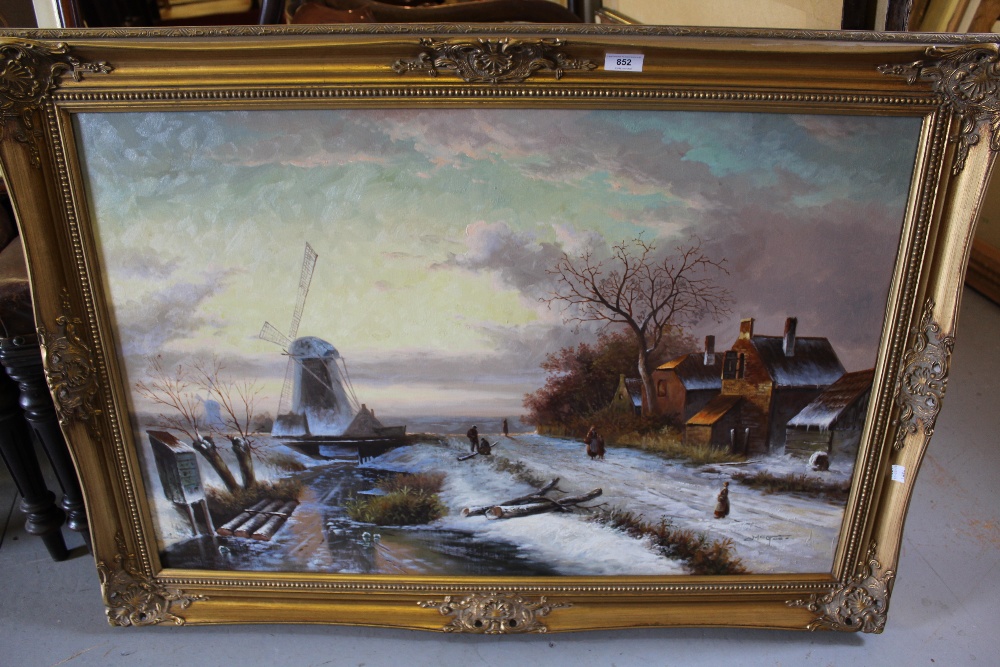 20th Century oil on canvas, winter canal scene with figures on a track and distant windmill, - Image 2 of 3