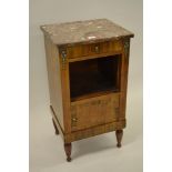 Early 20th Century French mahogany and crossbanded bedside cabinet, the rouge marble top above