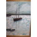 Oil on board, maritime scene with two masted boat at anchor by a harbour entrance, signed McCrossan,