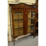 Edwardian mahogany and chequer line inlaid two door display cabinet with painted marquetry style