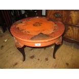 Oriental red lacquer occasional table, an Arts and Crafts rush seat stool and a nest of three