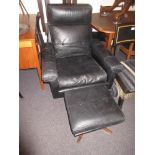 Soda Galvano, mid 20th Century black button leather upholstered armchair with ottoman stool