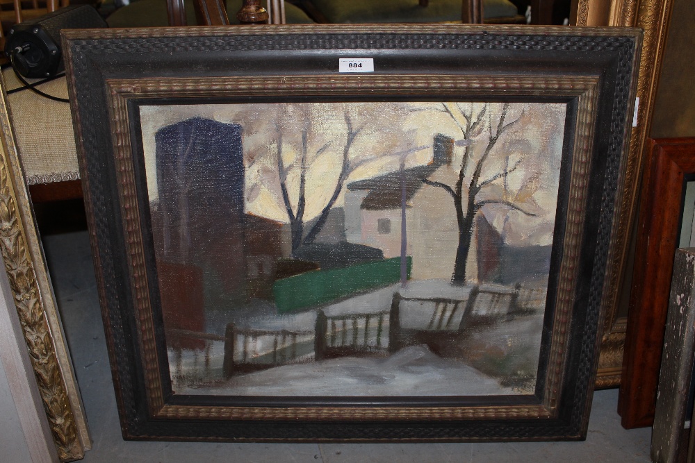 Russian school, oil on canvas, village street scene at sunset, monogrammed, also label remnant - Image 2 of 2