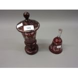 Bohemian red flash goblet and cover, 8.75ins high, together with a similar hand bell