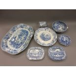 19th Century English blue and white transfer printed pottery meat plate by John Rogers, decorated