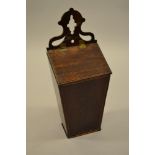 19th Century flame mahogany and line inlaid candle or salt box, the pierced shaped surmount above