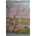 Two unframed oils on canvas laid on board, figure in a river landscape and willows by a marsh,
