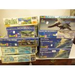 Group of nine various 1/32 scale boxed aircraft construction sets including: Revell and Hasegawa