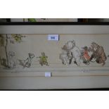 Group of three early 20th Century French coloured etchings, humorous studies of cats and dogs,