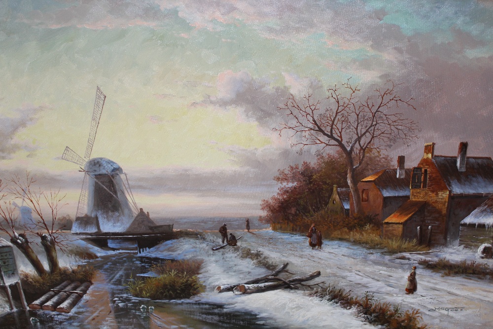 20th Century oil on canvas, winter canal scene with figures on a track and distant windmill,