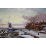 20th Century oil on canvas, winter canal scene with figures on a track and distant windmill,