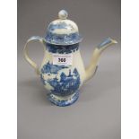 English blue and white coffee pot transfer printed in Willow pattern