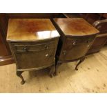Pair of mid 20th Century figured walnut bow front bedside cabinets on cabriole supports