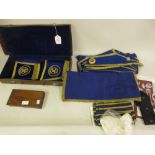 Leather cased quantity of Surrey Lodge Masonic regalia, together with a small mahogany cased pair of