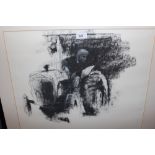 John Scarland, charcoal study, figure on a tractor, signed, 18ins x 21.5ins, housed in an ebonised