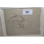 Framed pencil drawing on paper fragment study of a figure sleeping, indistinctly signed, 5ins x 6ins