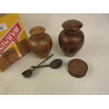 Small collection of miscellaneous treenware to include: two ladles, circular box, carved figure etc